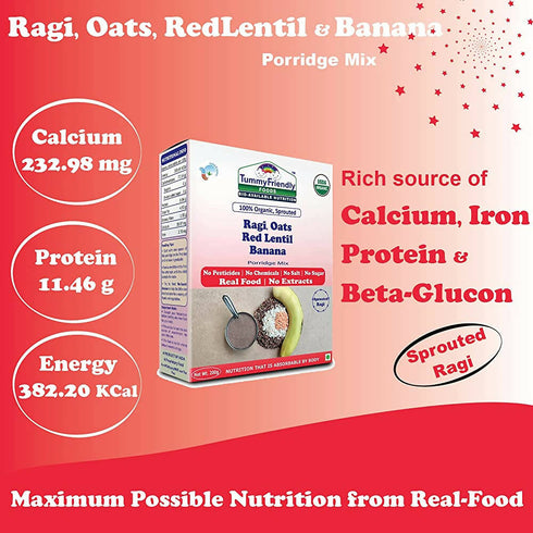 TummyFriendly Foods Organic Sprouted Ragi | Oats | Red Lentil | Banana Porridge Mix